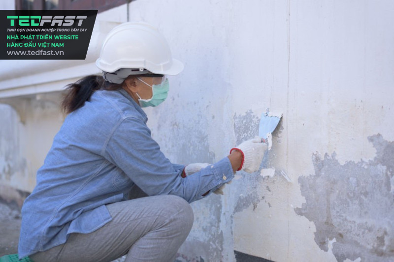 Hình ảnh một người thợ nữ đang sửa lỗi sơn trên những bức tường trắng