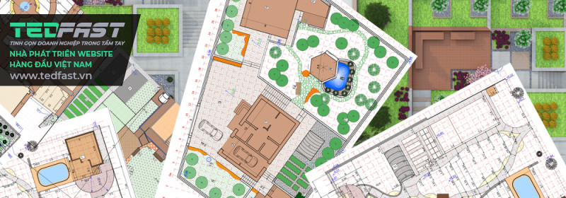 Hình ảnh bản vẽ kỹ thuật một sân vườn của một ngôi nhà