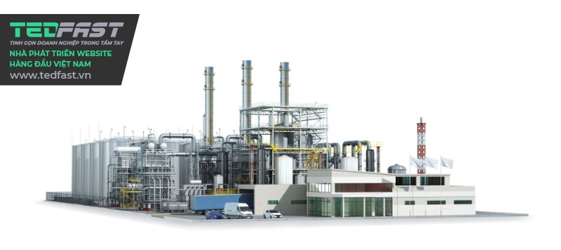 Hình ảnh sơ đồ của một nhà máy siêu lớn với những ống khói cao màu trắng