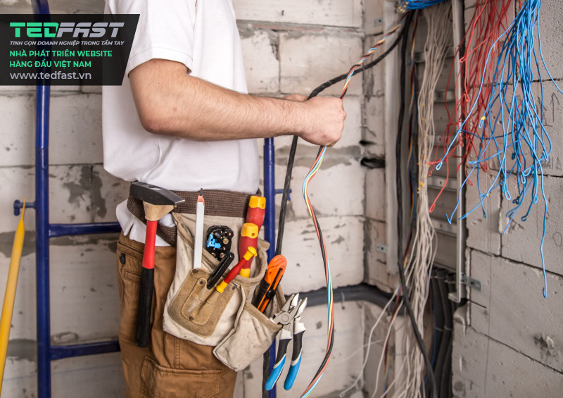 Hình ảnh một người thợ điện làm việc gần bảng có dây cài đặt kết nối điện